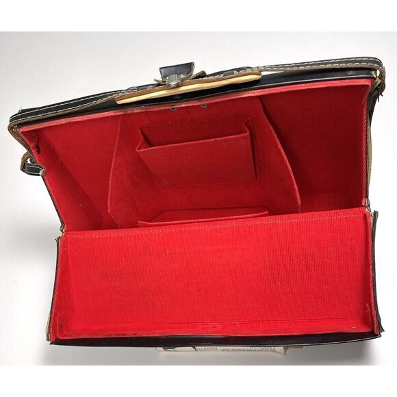 VTG 14"x8"x3.25 Black Faux Leather Hard Side CAMERA CASE Red Corduroy Lining - Picture 2 of 5